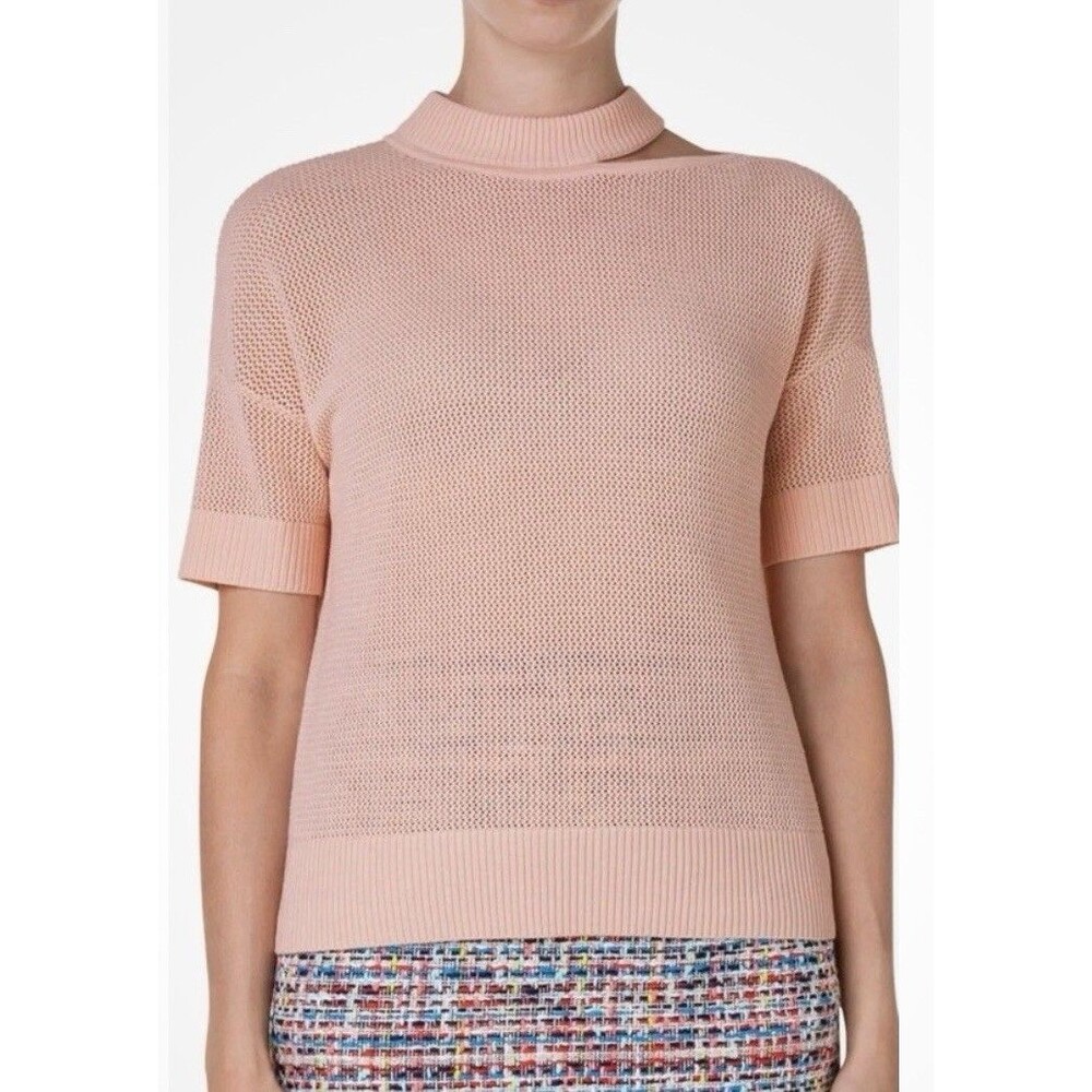 NWT Akris Punto Cutout Short Sleeve Virgin Wool Sweater in Light Peach, Size 12